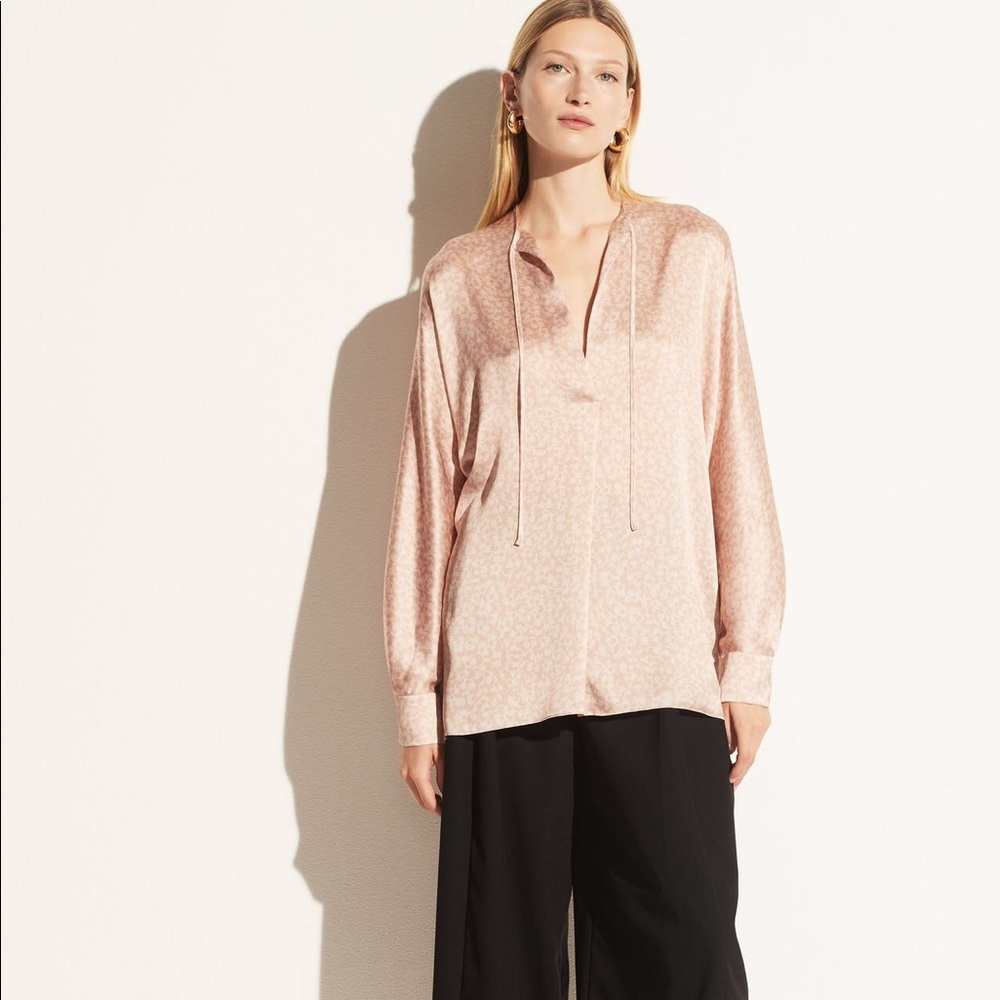 NWT Vince Feathered Petal Tie-Neck Band Collar Silk Blouse Pink Size M